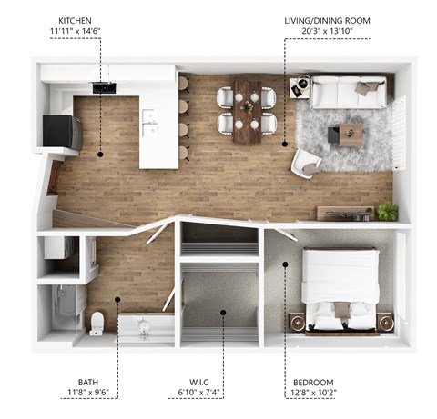 Floor plan for 1 bed, 1 bath, 770 sqft